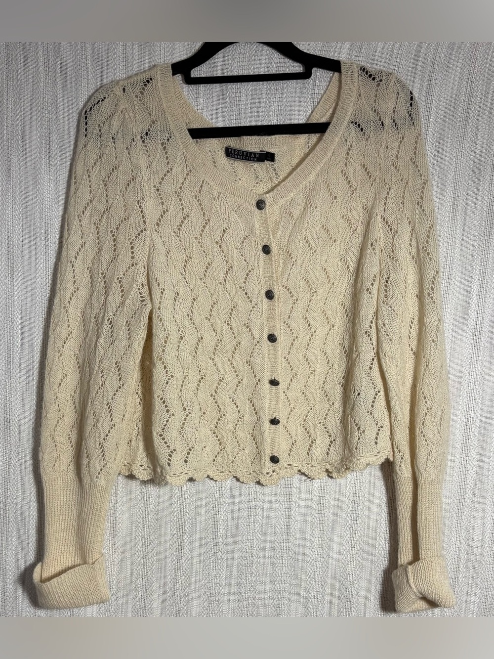 Peruvian Connection Cream Openwork Button-Up Cardigan